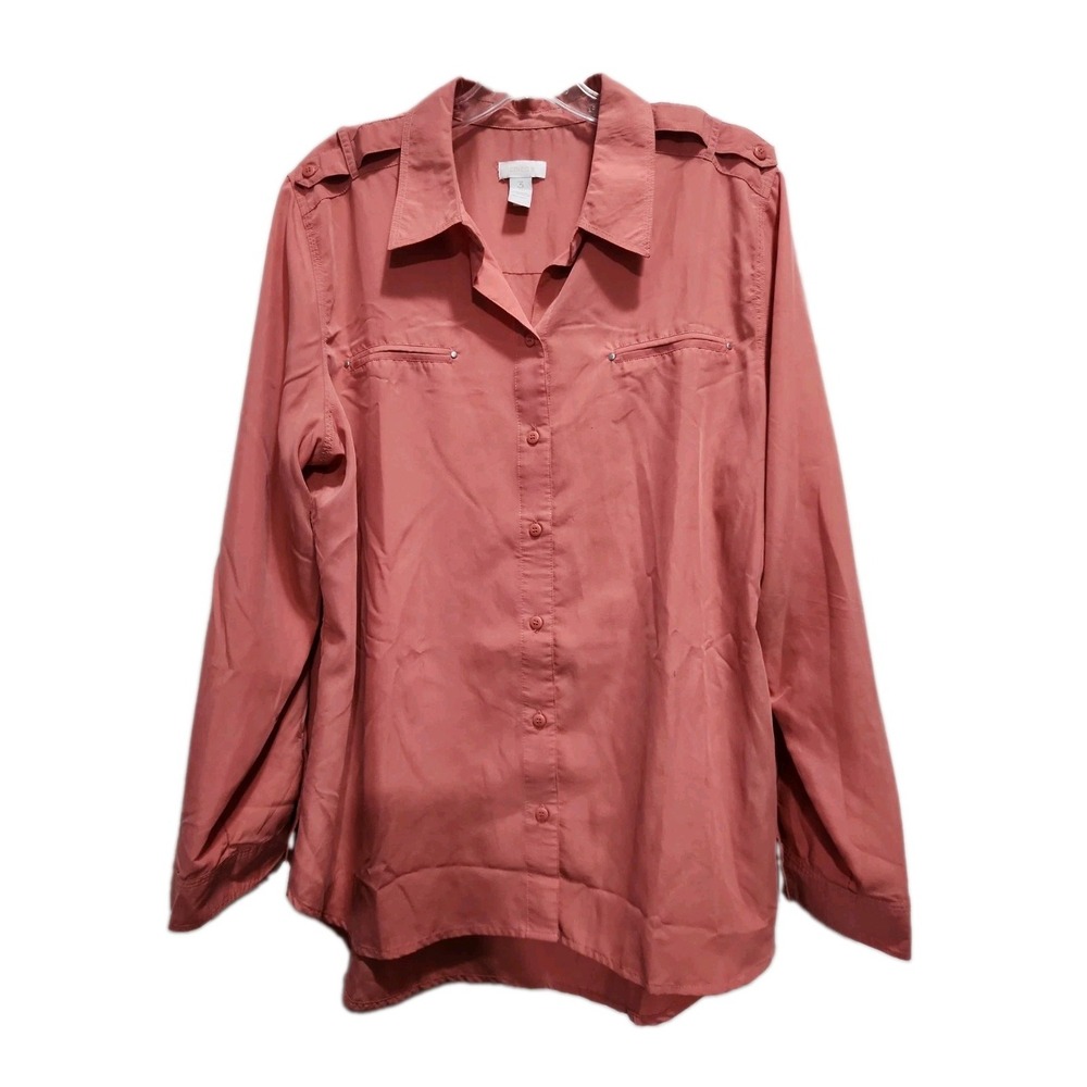 Chicos Utility Button Down Shirt Size 3 XL Modal Roll Tab Sleeve Epaulets